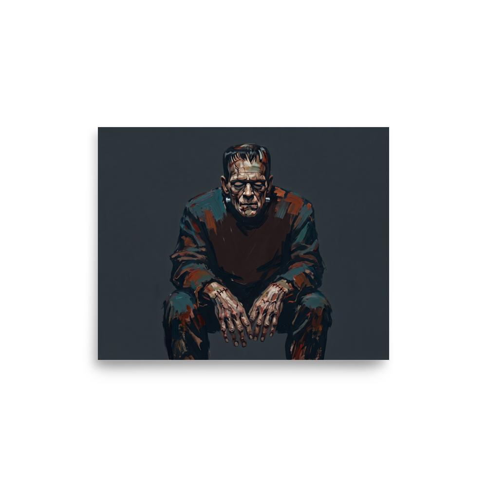 A somber painting of Frankenstein's monster sitting bowed with stitched hands in a dark den wall art setting. Shown here as the Expressionism print 'Frankenstein's Solitude'.
