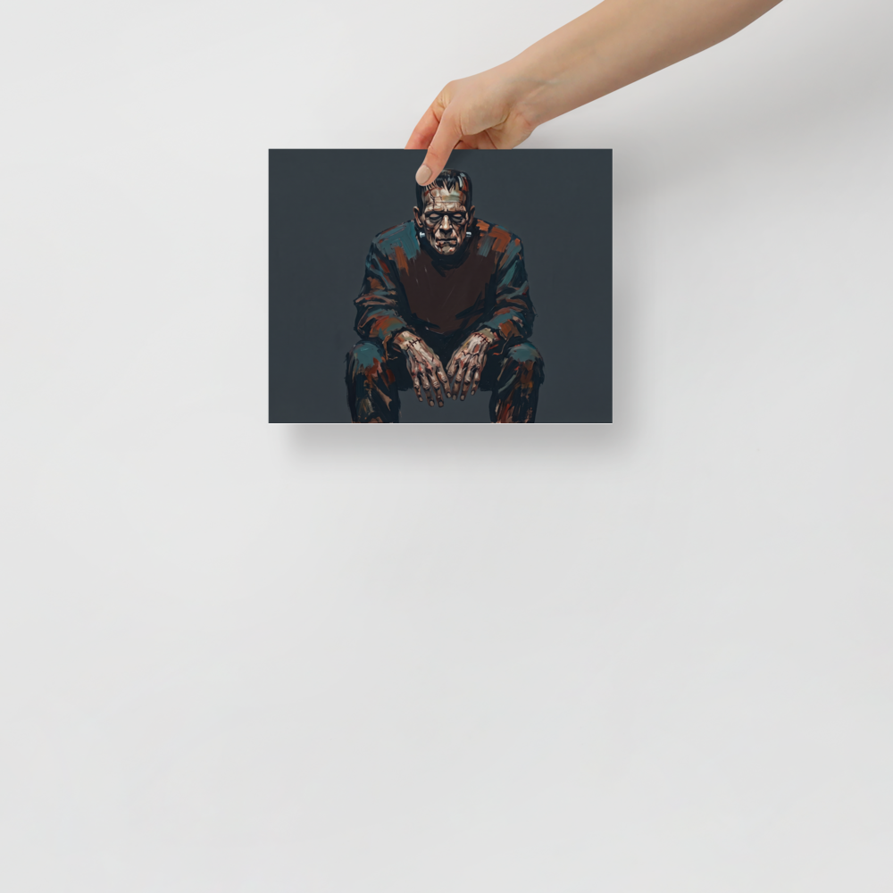 'Frankenstein's Solitude', a Expressionism wall art print. A somber painting of Frankenstein's monster sitting bowed with stitched hands in a dark den wall art setting.
