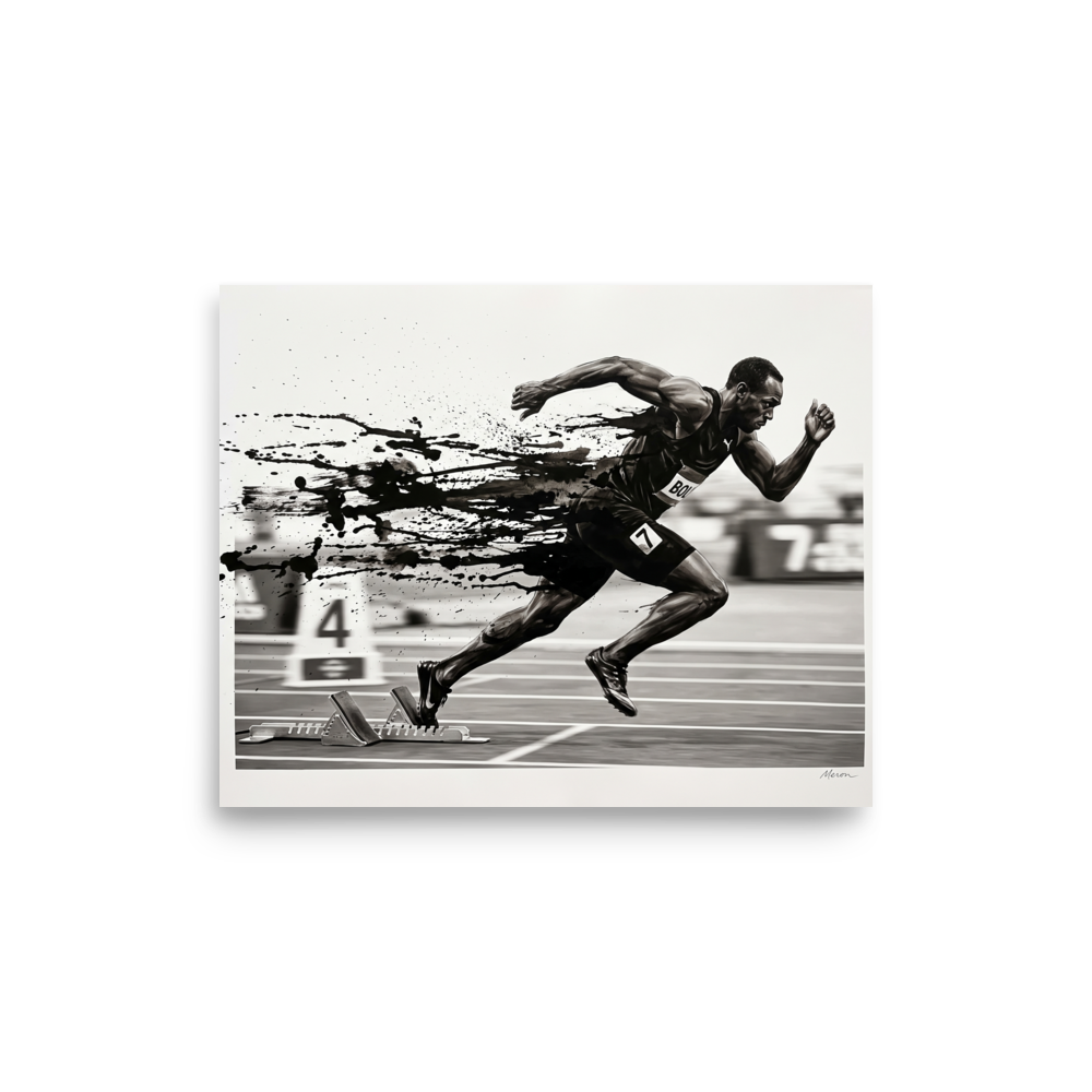 A monochrome black and white artwork of a sprinter exploding off starting blocks, perfect as gym wall art. Available as the Realism art print 'Explosion off the Blocks'.