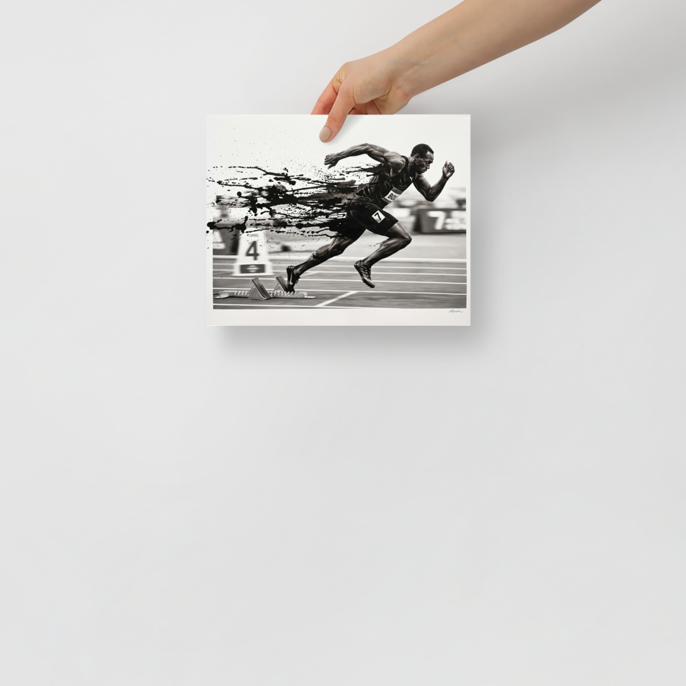 A monochrome black and white artwork of a sprinter exploding off starting blocks, perfect as gym wall art. A Realism print in black and white, 'Explosion off the Blocks'.