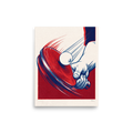 The Pop art print 'Spin and Stroke'. Graphic vintage sports art showing a hand striking a ping pong ball with a red table tennis paddle, ideal for game room decor.