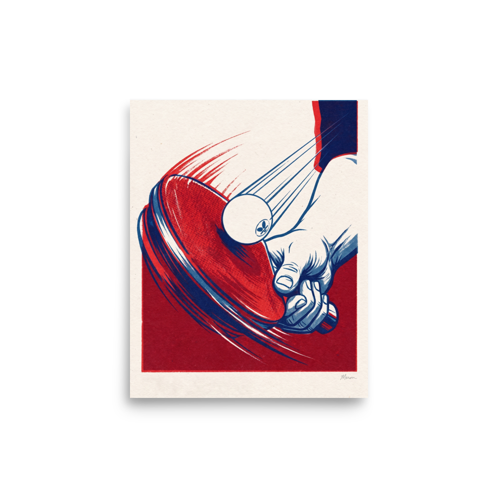 The Pop art print 'Spin and Stroke'. Graphic vintage sports art showing a hand striking a ping pong ball with a red table tennis paddle, ideal for game room decor.