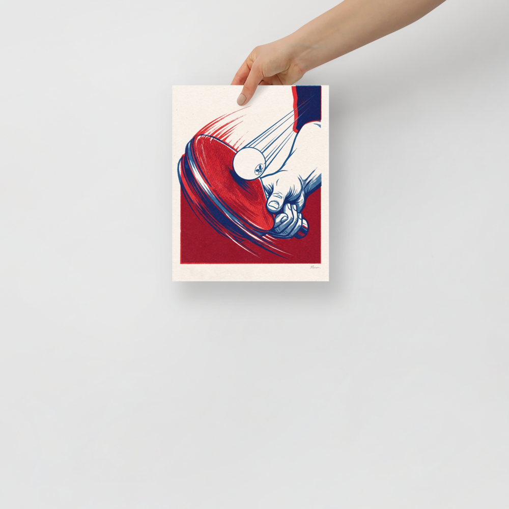 Graphic vintage sports art showing a hand striking a ping pong ball with a red table tennis paddle, ideal for game room decor. A Pop art print with a freehand brush work look, titled 'Spin and Stroke'.