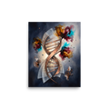 A wonder / awe scene in midnight blue and turquoise, 'The Architecture of Life'. A luminous bronze DNA double helix surrounded by scientific equations, molecular constellations, and vibrant bursts of turquoise and amber watercolor against a dark blue background.