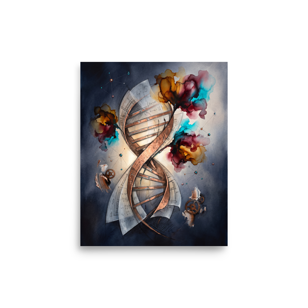 A wonder / awe scene in midnight blue and turquoise, 'The Architecture of Life'. A luminous bronze DNA double helix surrounded by scientific equations, molecular constellations, and vibrant bursts of turquoise and amber watercolor against a dark blue background.