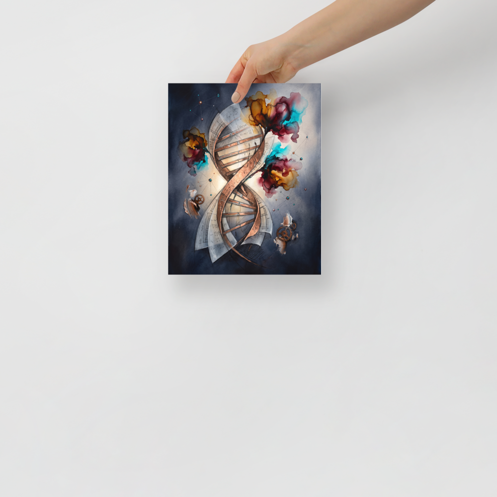 Fine art print 'The Architecture of Life' in a Lyco art style. A luminous bronze DNA double helix surrounded by scientific equations, molecular constellations, and vibrant bursts of turquoise and amber watercolor against a dark blue background.