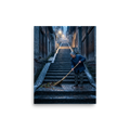 'Dawn on the Steps' by Meron. An elderly woman sweeps stone stairs in a quiet atmospheric alleyway, bringing a sense of peaceful contemplation suited for a hallway. A Art photography wall art print.