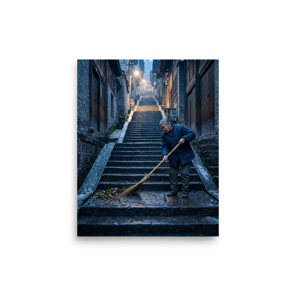 'Dawn on the Steps' by Meron. An elderly woman sweeps stone stairs in a quiet atmospheric alleyway, bringing a sense of peaceful contemplation suited for a hallway. A Art photography wall art print.