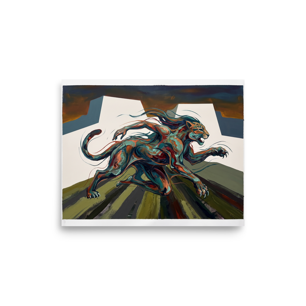 'Jaguar Spirit Bounds'. Dynamic painting of a Mesoamerican jaguar spirit sprinting past stepped pyramids in teal and copper tones for an office wall. Offered as a Expressionism print.