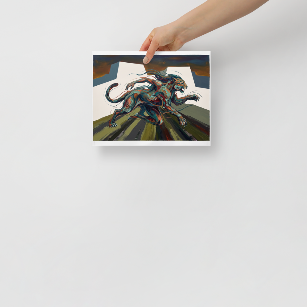 A lively / vibrant Expressionism print, 'Jaguar Spirit Bounds'. Dynamic painting of a Mesoamerican jaguar spirit sprinting past stepped pyramids in teal and copper tones for an office wall.