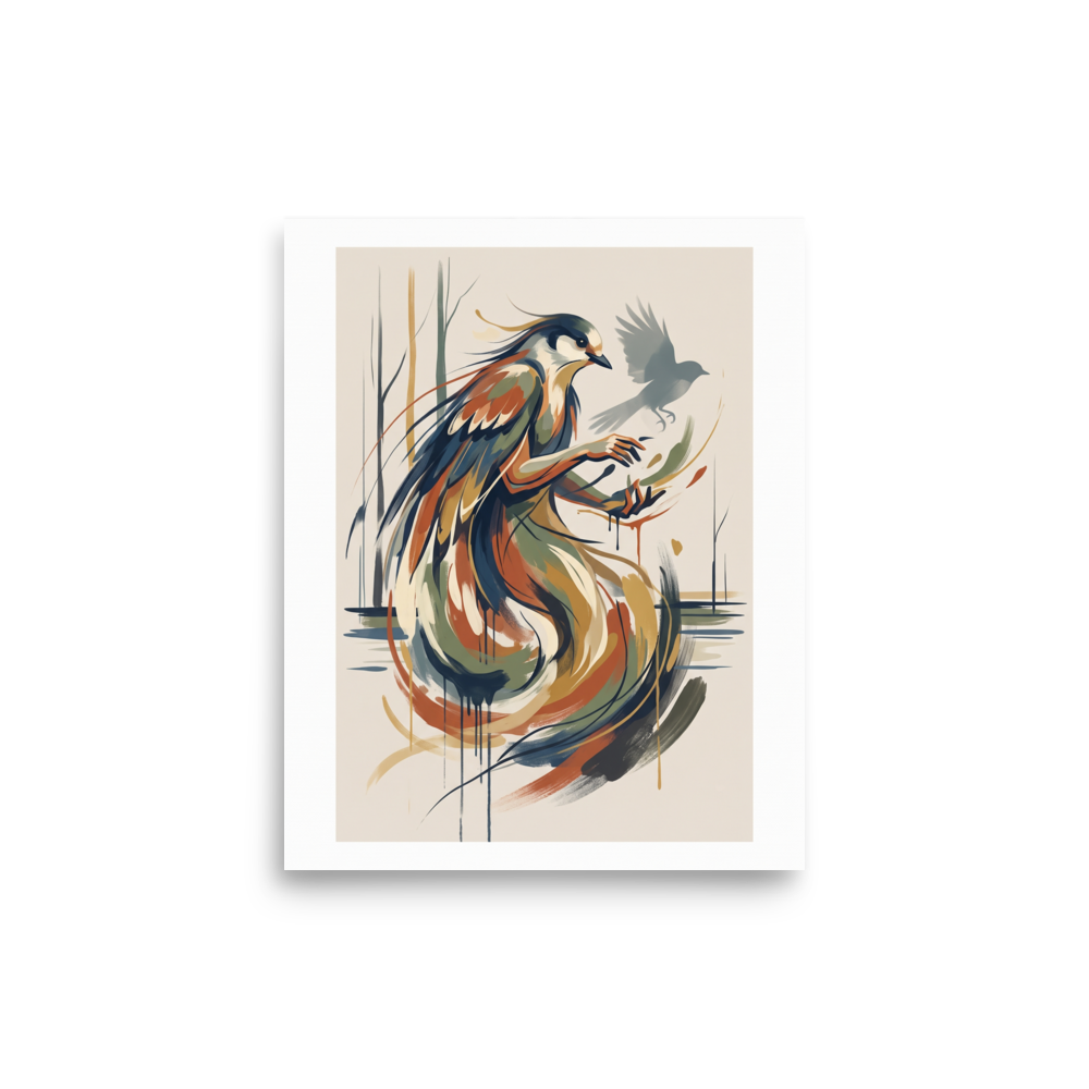 Graphic stylized illustration of the mythical Gamayun bird woman, ideal for a bedroom wall. 'Song of the Gamayun', a Art Nouveau print for the wall.