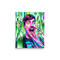 A chaotic scene in magenta and cyan, 'Viral Melt: MrBeast'. A glitch art portrait of YouTuber MrBeast with melting facial features and falling hundred dollar bills, perfect for adding vibrant energy to a Game Room.