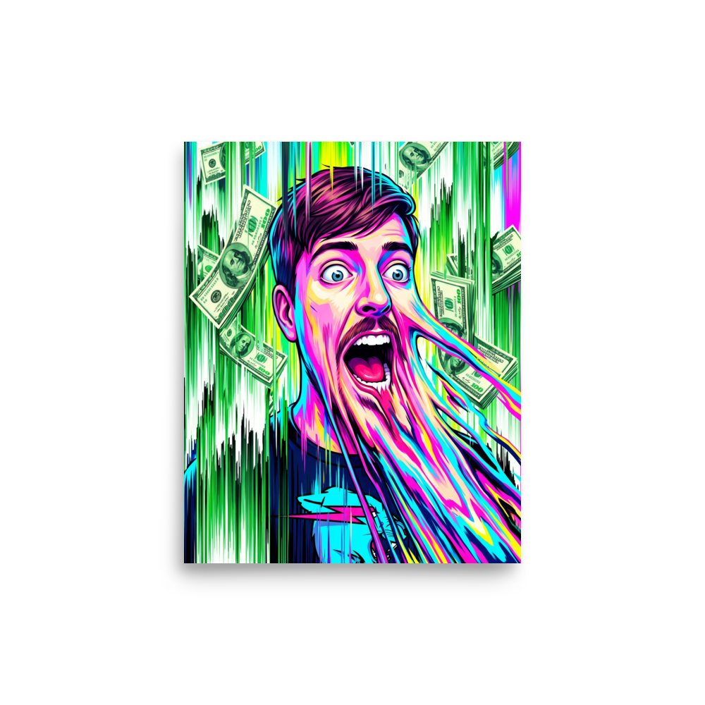 A chaotic scene in magenta and cyan, 'Viral Melt: MrBeast'. A glitch art portrait of YouTuber MrBeast with melting facial features and falling hundred dollar bills, perfect for adding vibrant energy to a Game Room.