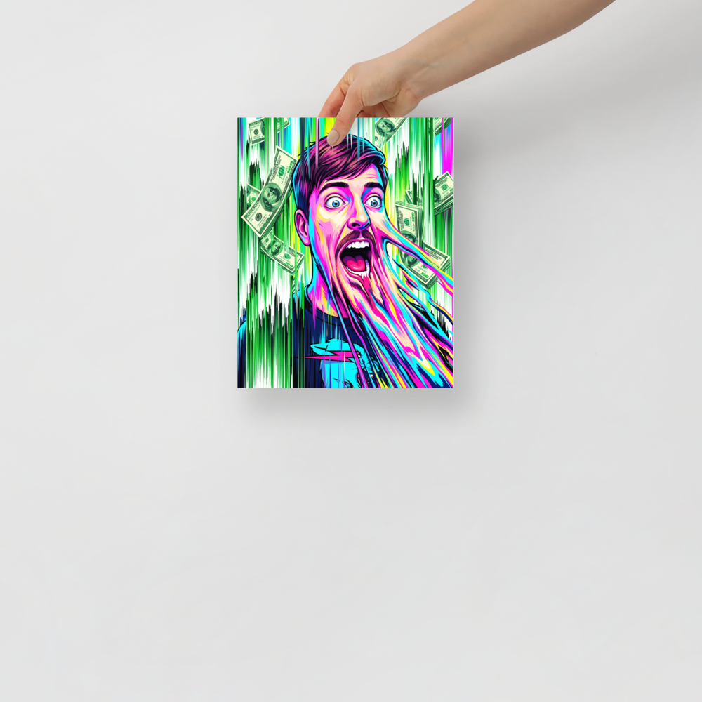 'Viral Melt: MrBeast', Glitch art wall art in magenta and cyan. A glitch art portrait of YouTuber MrBeast with melting facial features and falling hundred dollar bills, perfect for adding vibrant energy to a Game Room.