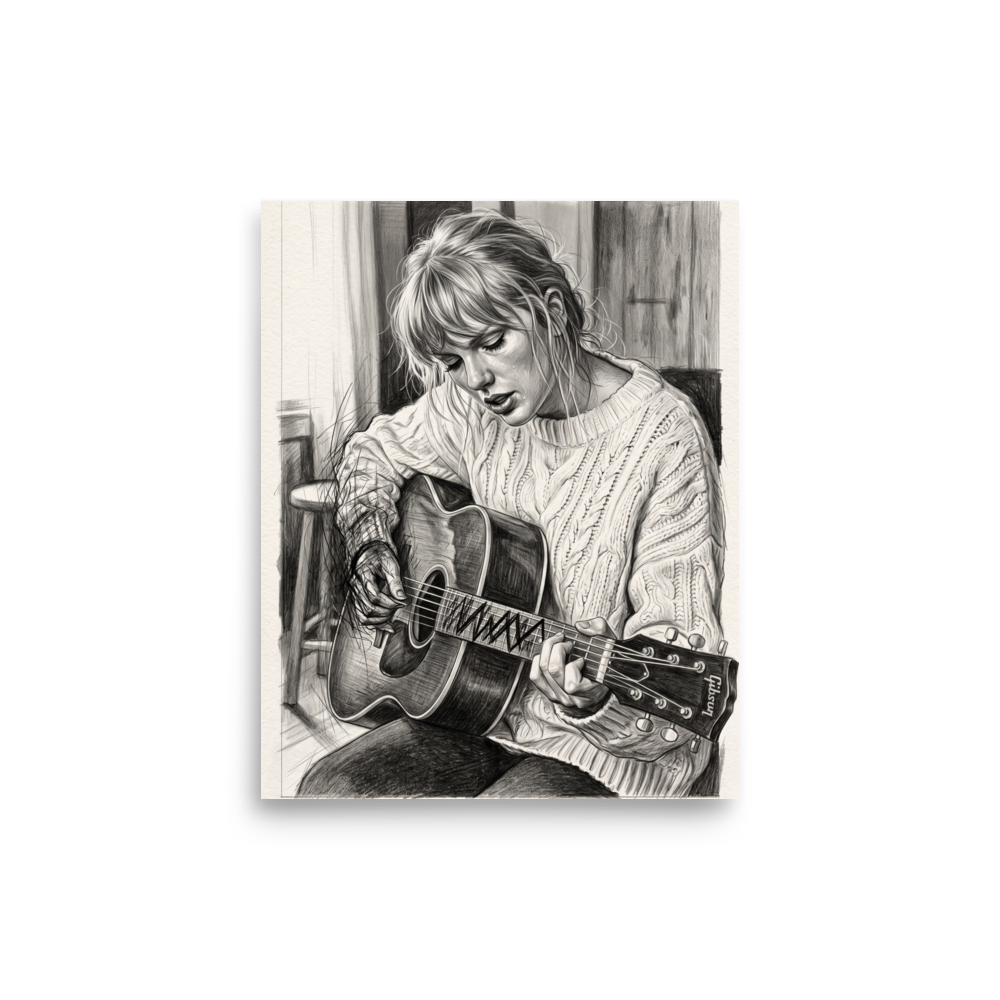A detailed black and white pencil sketch of Taylor Swift playing an acoustic guitar in a cozy cable-knit sweater, ideal wall art for a calm bedroom. Available as the Realism art print 'Acoustic Reverie'.