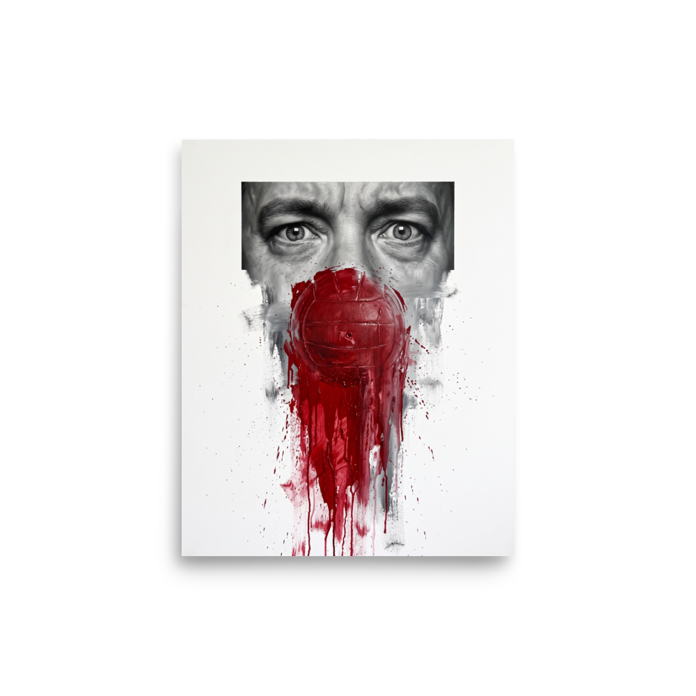 A brooding scene in red and black, 'Silent Companion'. Monochrome realism portrait of Tom Hanks eyes framed above the iconic bloody Wilson volleyball from Cast Away, ideal for Home Theater / Cinema wall art.