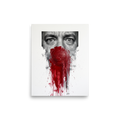 A brooding scene in red and black, 'Silent Companion'. Monochrome realism portrait of Tom Hanks eyes framed above the iconic bloody Wilson volleyball from Cast Away, ideal for Home Theater / Cinema wall art.