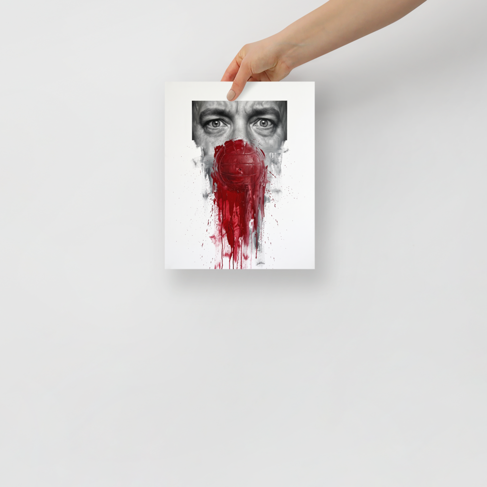 Monochrome realism portrait of Tom Hanks eyes framed above the iconic bloody Wilson volleyball from Cast Away, ideal for Home Theater / Cinema wall art. Shown here as the Realism print 'Silent Companion'.