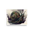 An expressive painting of a giant ancient snail with a spiraled shell in a library, rendered in moss green and deep plum tones. Shown here as the Expressionism print 'The Primordial Snail'.