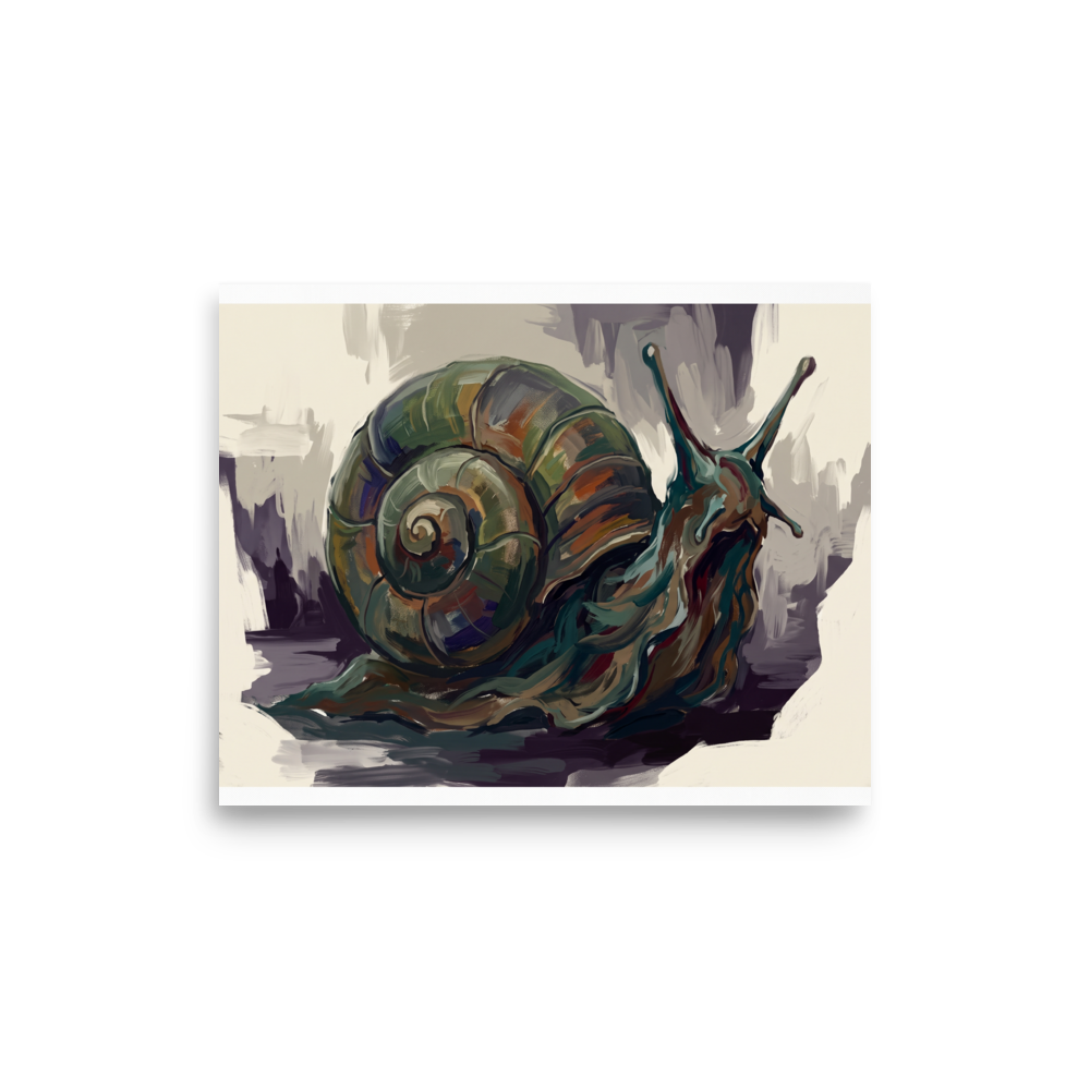 An expressive painting of a giant ancient snail with a spiraled shell in a library, rendered in moss green and deep plum tones. Shown here as the Expressionism print 'The Primordial Snail'.