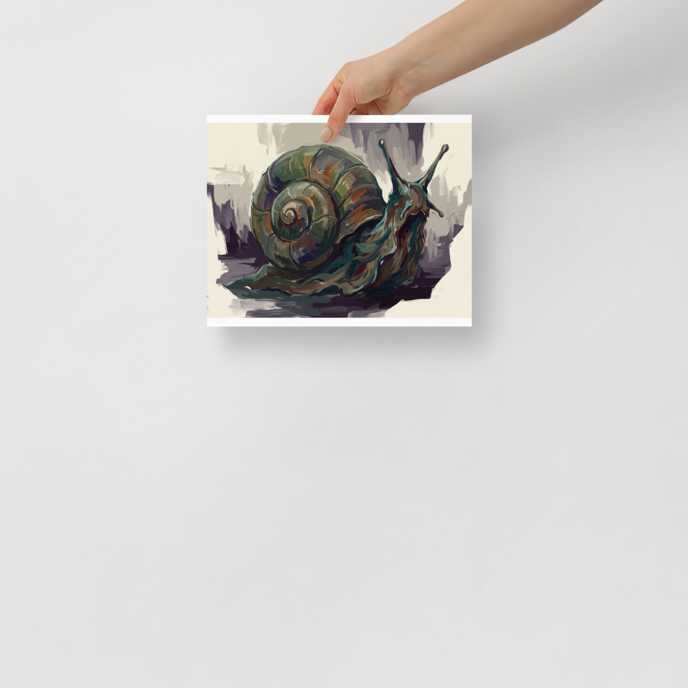 'The Primordial Snail'. An expressive painting of a giant ancient snail with a spiraled shell in a library, rendered in moss green and deep plum tones. Offered as a Expressionism print.