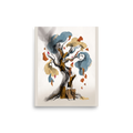 The Dau-al-Set print 'Tree of Fragments'. An abstract watercolor and collage artwork depicting an ancient tree with a twisting charcoal trunk, soft blue and ochre foliage clouds, and floating terracotta paper cutouts, perfect for a living room.