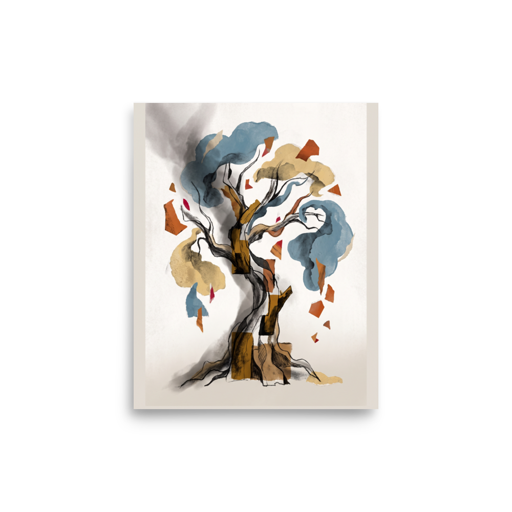 The Dau-al-Set print 'Tree of Fragments'. An abstract watercolor and collage artwork depicting an ancient tree with a twisting charcoal trunk, soft blue and ochre foliage clouds, and floating terracotta paper cutouts, perfect for a living room.