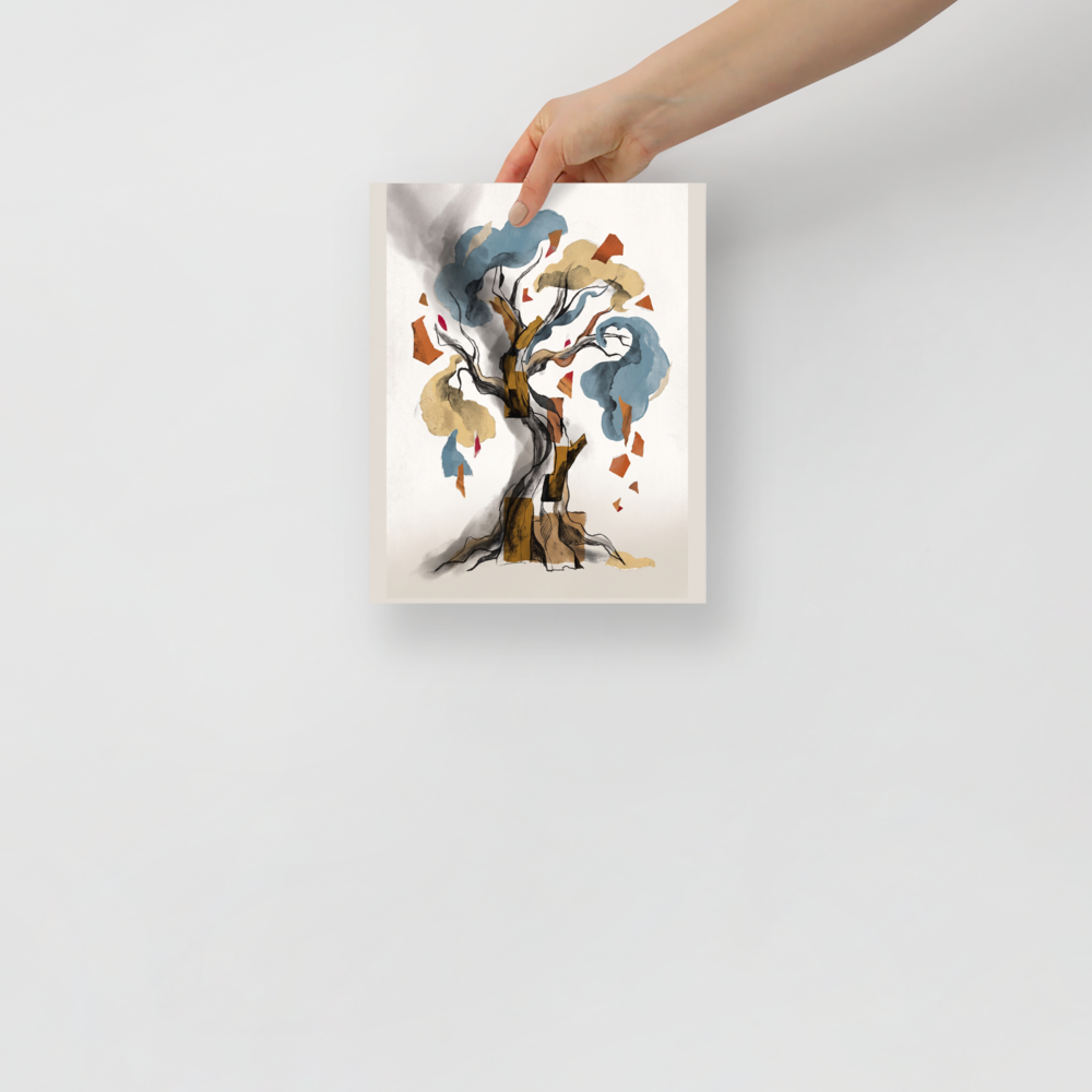 'Tree of Fragments', a Dau-al-Set wall art print. An abstract watercolor and collage artwork depicting an ancient tree with a twisting charcoal trunk, soft blue and ochre foliage clouds, and floating terracotta paper cutouts, perfect for a living room.