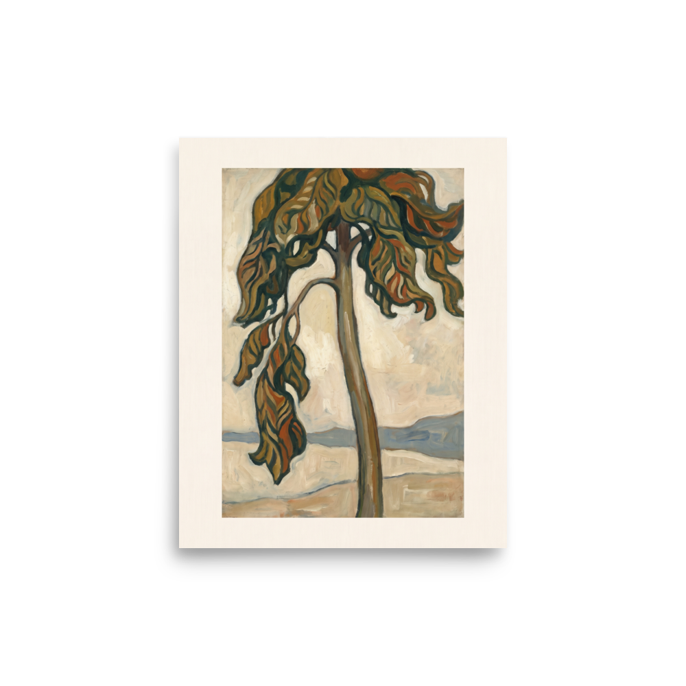 Les Nabis wall art for the bedroom, 'Solitary Pine by the Shore'. Stylized pine tree with cascading brown and green foliage standing against a soft sky, ideal for Bedroom decor.