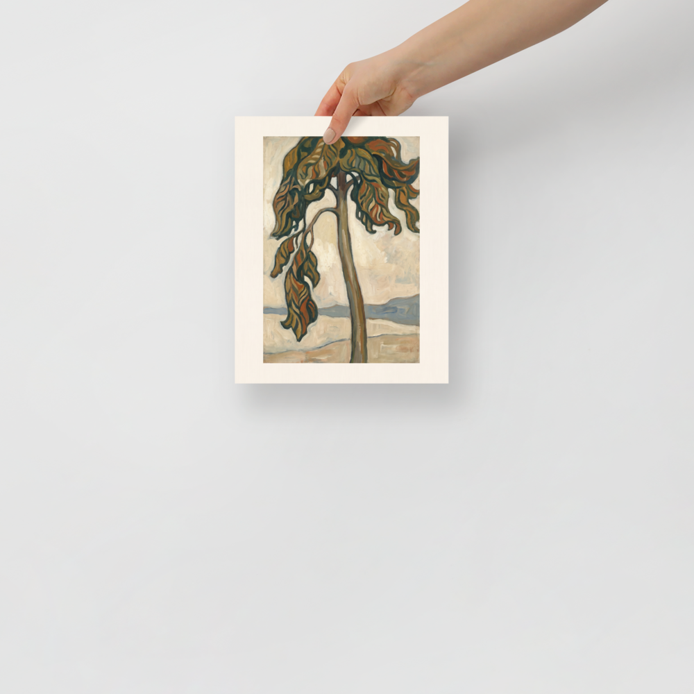 'Solitary Pine by the Shore', part of Meron's Les Nabis wall art. Stylized pine tree with cascading brown and green foliage standing against a soft sky, ideal for Bedroom decor.