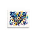 Dau-al-Set wall art exploring space, 'Cosmic Nexus'. A vibrant watercolor painting of cosmic orbits, cellular shapes, and a polyhedral die, creating captivating wall art for a game room or study.