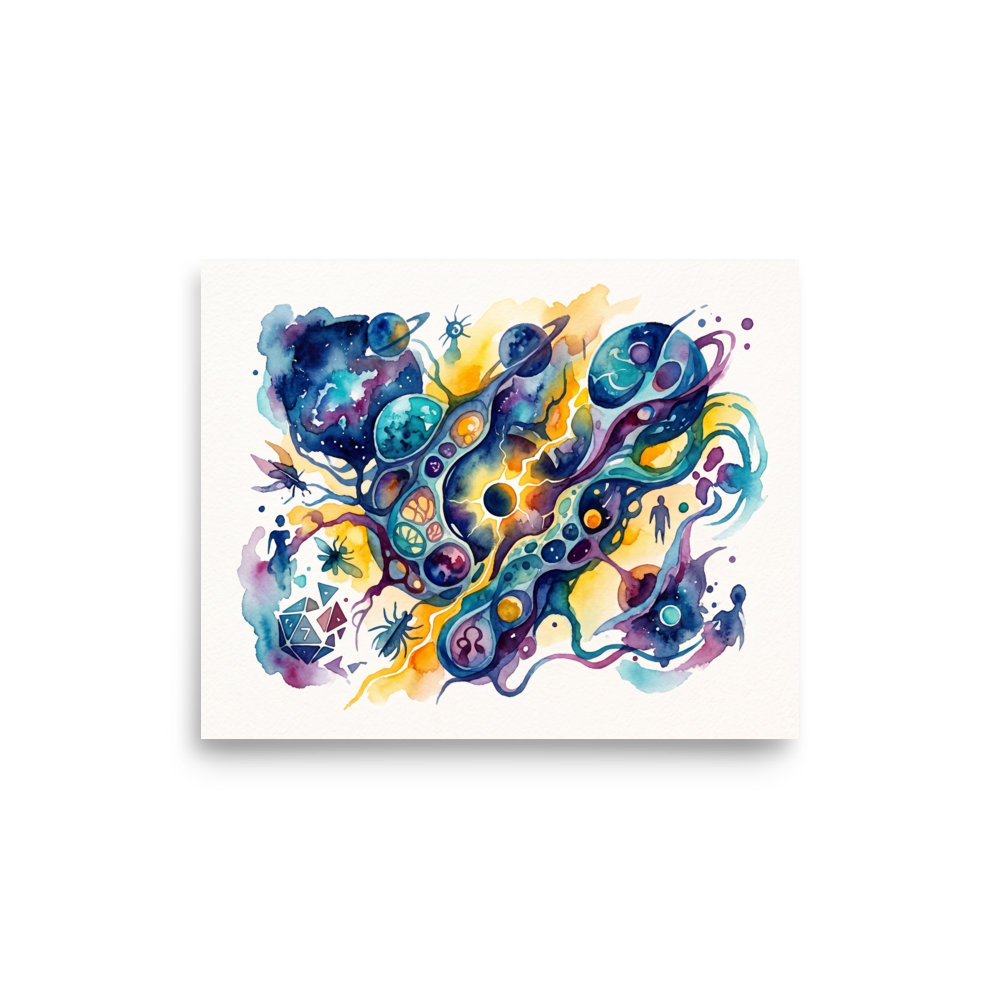 Dau-al-Set wall art exploring space, 'Cosmic Nexus'. A vibrant watercolor painting of cosmic orbits, cellular shapes, and a polyhedral die, creating captivating wall art for a game room or study.