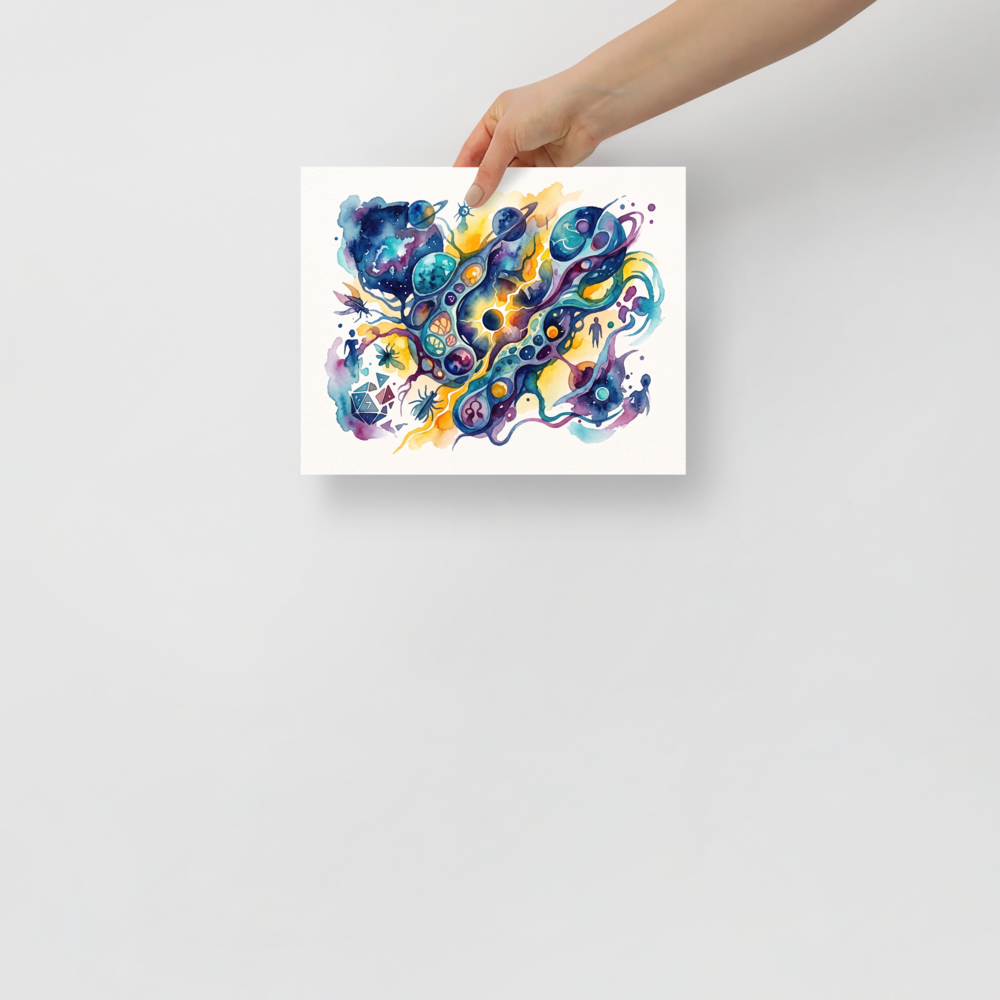 A vibrant watercolor painting of cosmic orbits, cellular shapes, and a polyhedral die, creating captivating wall art for a game room or study. 'Cosmic Nexus', a Dau-al-Set print for the wall.