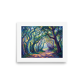 A Pointillist woodland painting of gnarled trees forming a canopy over a sun-dappled forest path in a Library. A Pointillism art print titled 'The Enchanted Forest Path'.