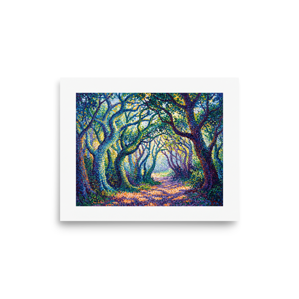 A Pointillist woodland painting of gnarled trees forming a canopy over a sun-dappled forest path in a Library. A Pointillism art print titled 'The Enchanted Forest Path'.