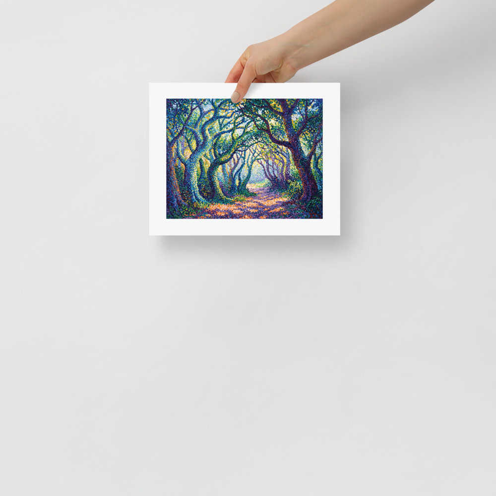 Fine art print 'The Enchanted Forest Path' in a Pointillism style. A Pointillist woodland painting of gnarled trees forming a canopy over a sun-dappled forest path in a Library.