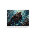 An expressive semi-abstract painting of a dark rocky boulder surrounded by flowing turquoise currents and glowing symbols, ideal for a serene Bedroom or Living Room. 'Eternal Currents', a Abstract expressionism print for the wall.