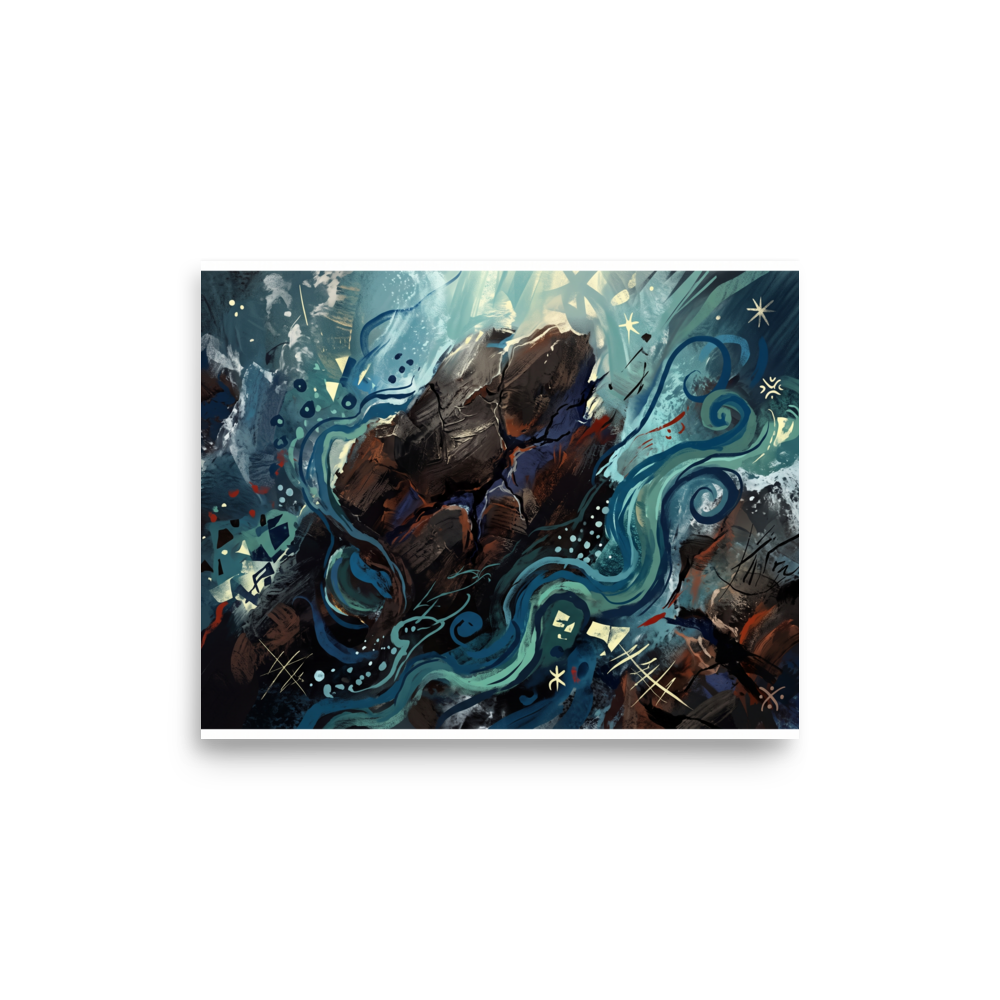 An expressive semi-abstract painting of a dark rocky boulder surrounded by flowing turquoise currents and glowing symbols, ideal for a serene Bedroom or Living Room. 'Eternal Currents', a Abstract expressionism print for the wall.