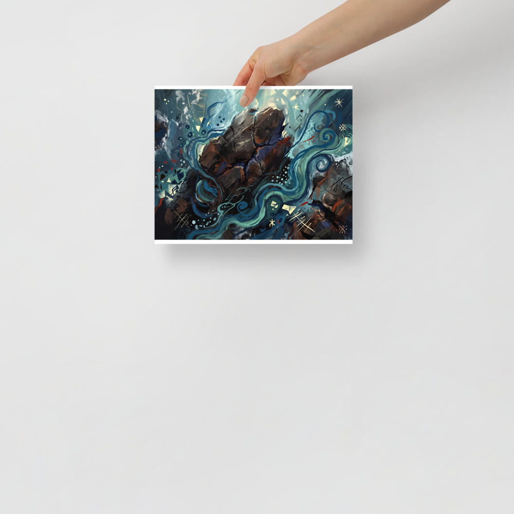 An expressive semi-abstract painting of a dark rocky boulder surrounded by flowing turquoise currents and glowing symbols, ideal for a serene Bedroom or Living Room. A Abstract expressionism art print titled 'Eternal Currents'.