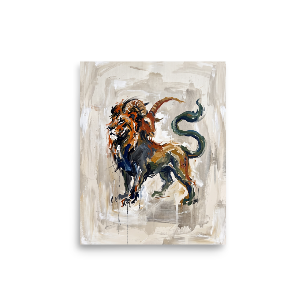 An expressive painting of the mythological Chimera, featuring a lion, goat, and serpent tail in earthy tones on a beige canvas, ideal for a striking living room display. Shown here as the Expressionism print 'The Chimera'.