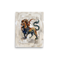 An expressive painting of the mythological Chimera, featuring a lion, goat, and serpent tail in earthy tones on a beige canvas, ideal for a striking living room display. Shown here as the Expressionism print 'The Chimera'.