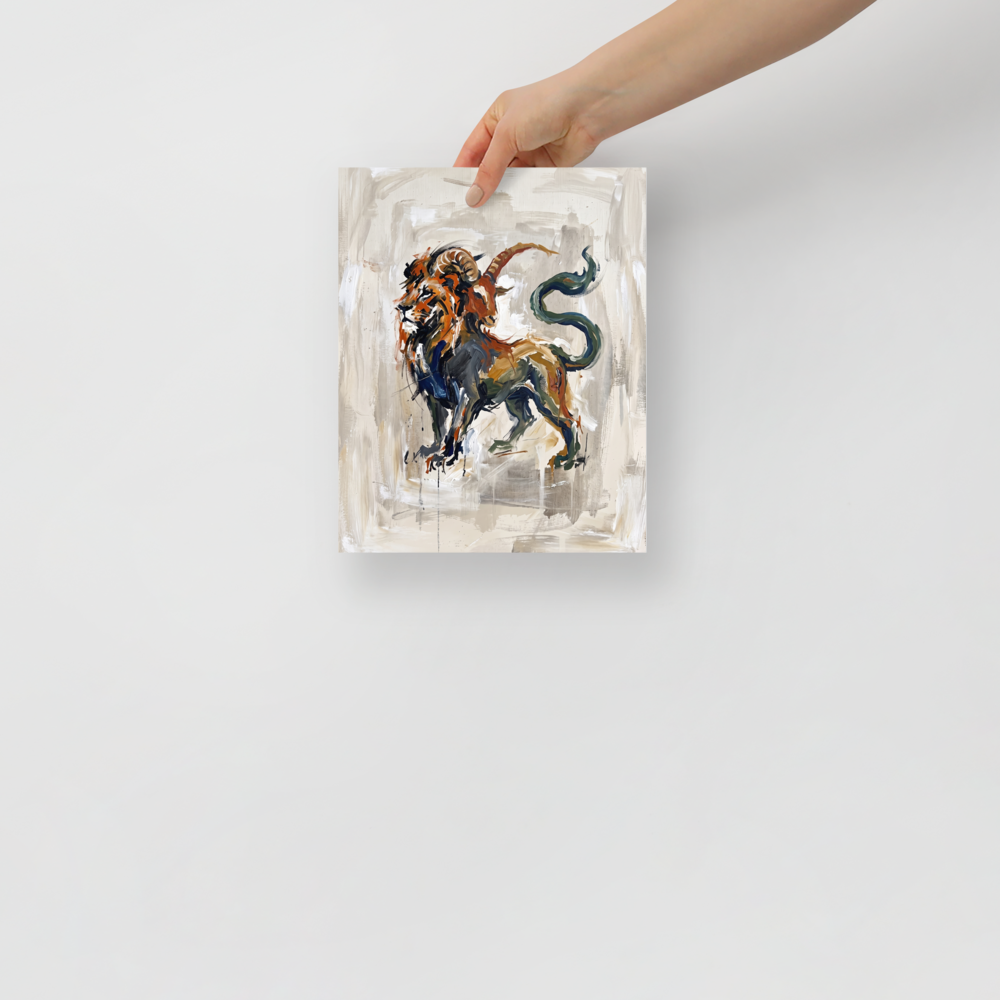 The Expressionism print 'The Chimera'. An expressive painting of the mythological Chimera, featuring a lion, goat, and serpent tail in earthy tones on a beige canvas, ideal for a striking living room display.