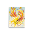A lively / vibrant Abstract expressionism print, 'Solstice Flight'. Vibrant yellow, coral, and sky blue abstract watercolor splash styled on a sunroom wall.
