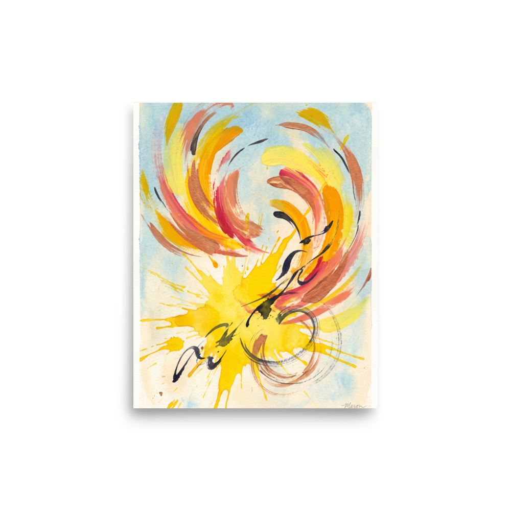 A lively / vibrant Abstract expressionism print, 'Solstice Flight'. Vibrant yellow, coral, and sky blue abstract watercolor splash styled on a sunroom wall.