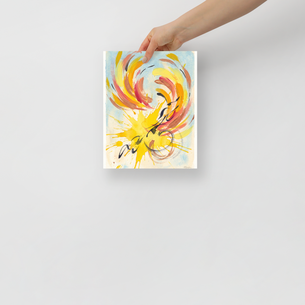 Fine art print 'Solstice Flight' in a Abstract expressionism style. Vibrant yellow, coral, and sky blue abstract watercolor splash styled on a sunroom wall.