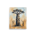 Fine art print 'Baobab of Ancestral Wisdom' in a Figurative art style. A painting of a majestic baobab tree adorned with traditional African geometric patterns surrounded by silhouetted figures, bringing warmth to a living room or study.