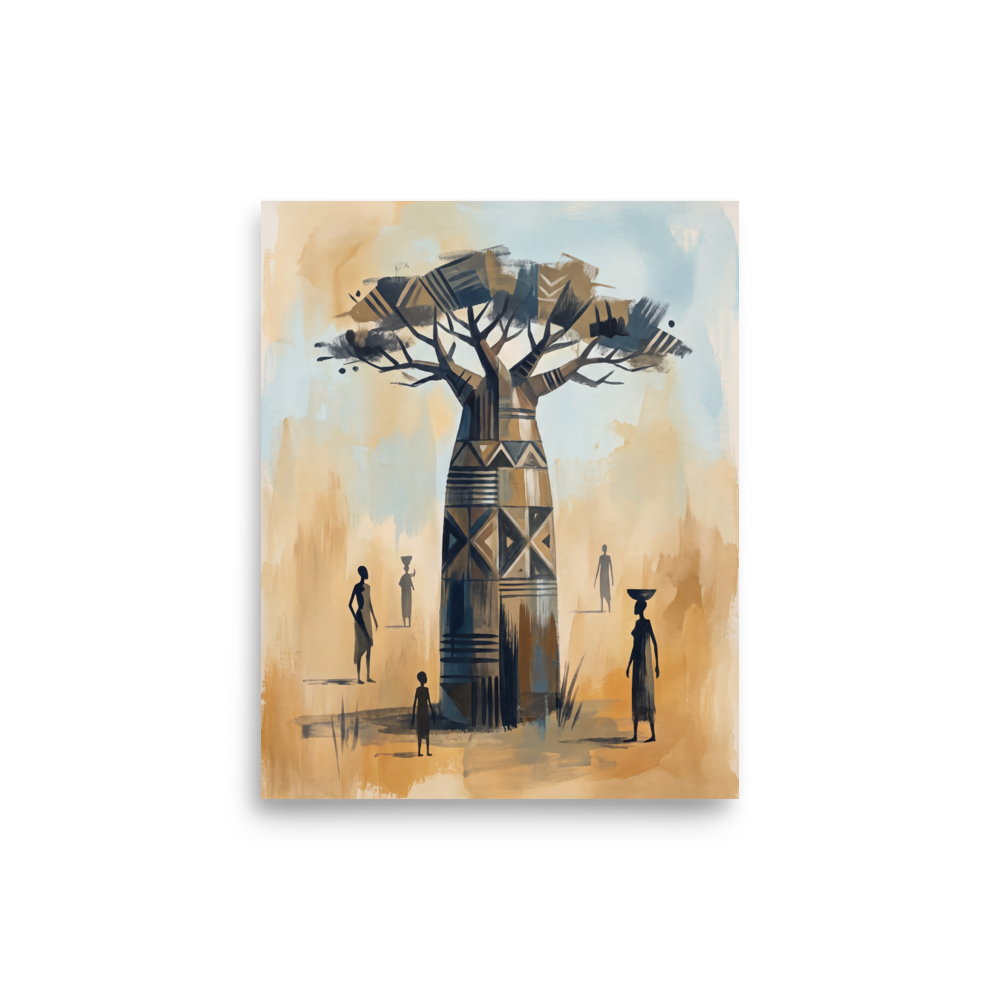 Fine art print 'Baobab of Ancestral Wisdom' in a Figurative art style. A painting of a majestic baobab tree adorned with traditional African geometric patterns surrounded by silhouetted figures, bringing warmth to a living room or study.