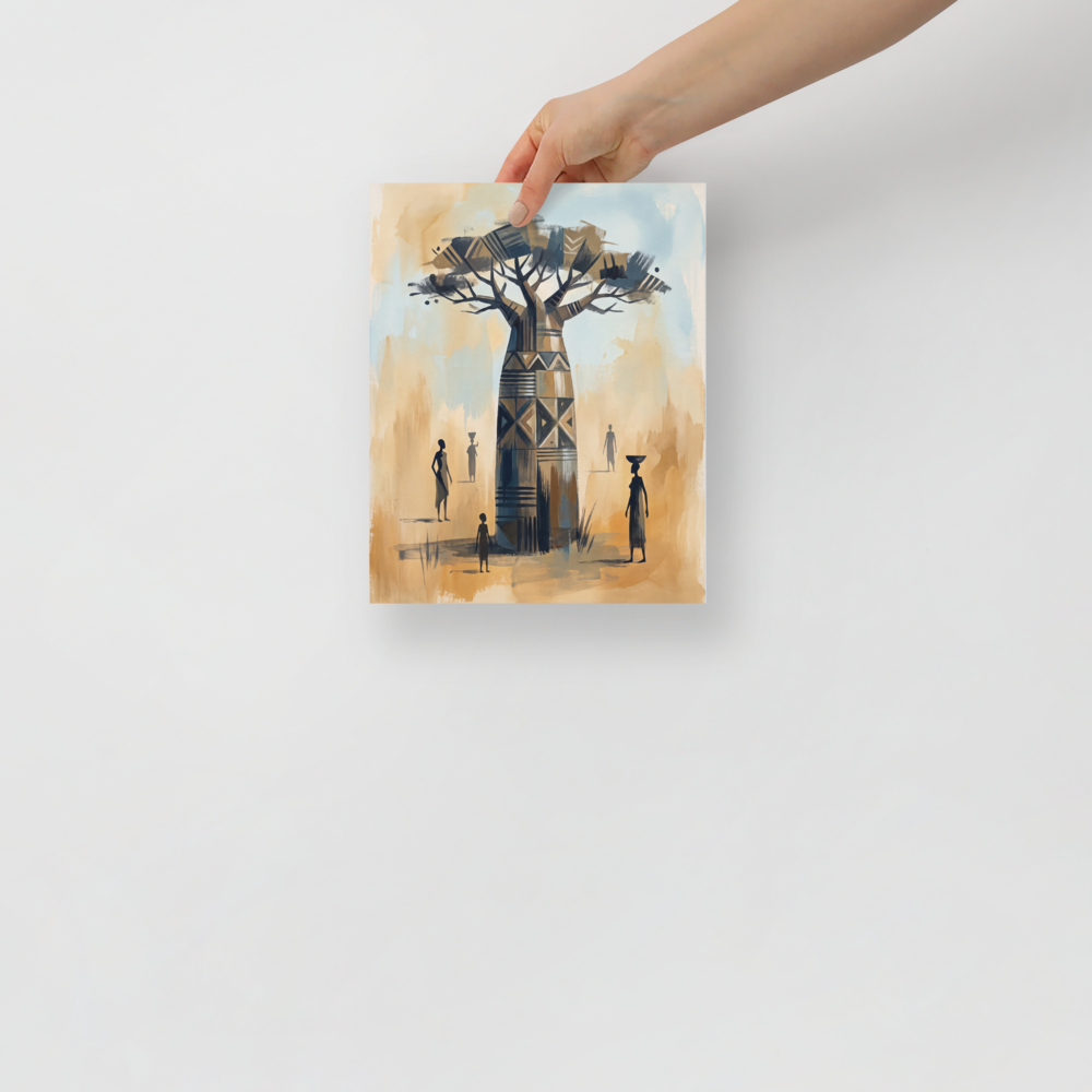 A painting of a majestic baobab tree adorned with traditional African geometric patterns surrounded by silhouetted figures, bringing warmth to a living room or study. A calmness piece titled 'Baobab of Ancestral Wisdom'.