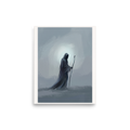 Symbolism wall art, 'The Solitary Wanderer'. A minimalist painting of a cloaked wanderer with a staff in a misty office wall art setting.