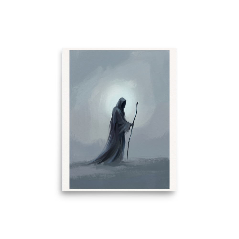 Symbolism wall art, 'The Solitary Wanderer'. A minimalist painting of a cloaked wanderer with a staff in a misty office wall art setting.